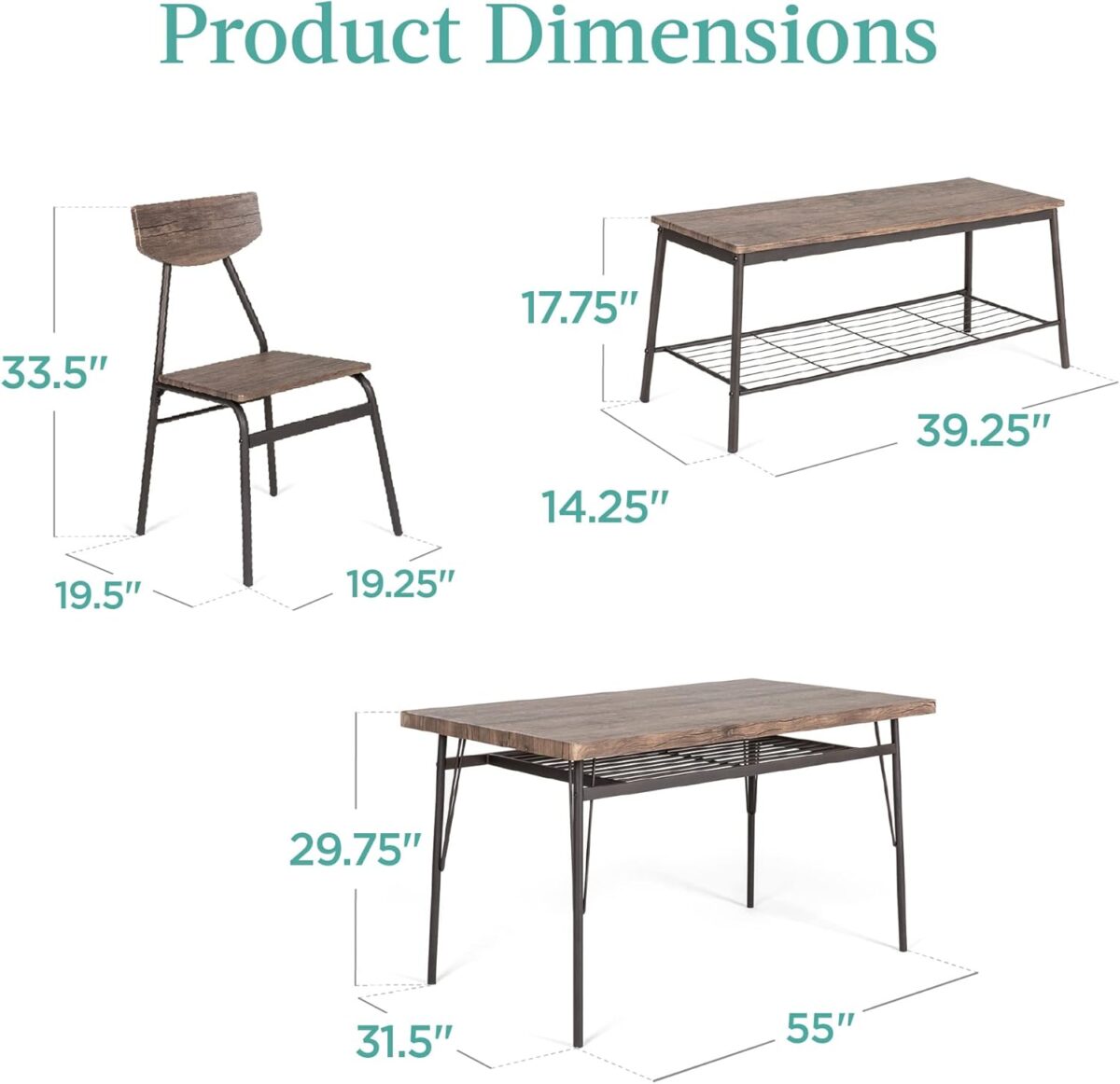 Best Choice Products 6-Piece 55in Modern Dining Set for Home, Kitchen, Dining Room w/Storage Racks, Rectangular Table, Bench, 4 Chairs, Steel Frame - Brown - Image 8