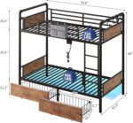 Metal LED Bunk Bed Twin Over Twin with 2 Storage Drawers, USB Charging Station, Industrial Bunkbeds Heavy Duty Bed with Safety Guardrail and Ladder, No Box Spring Needed, Vintage Brown - Image 3