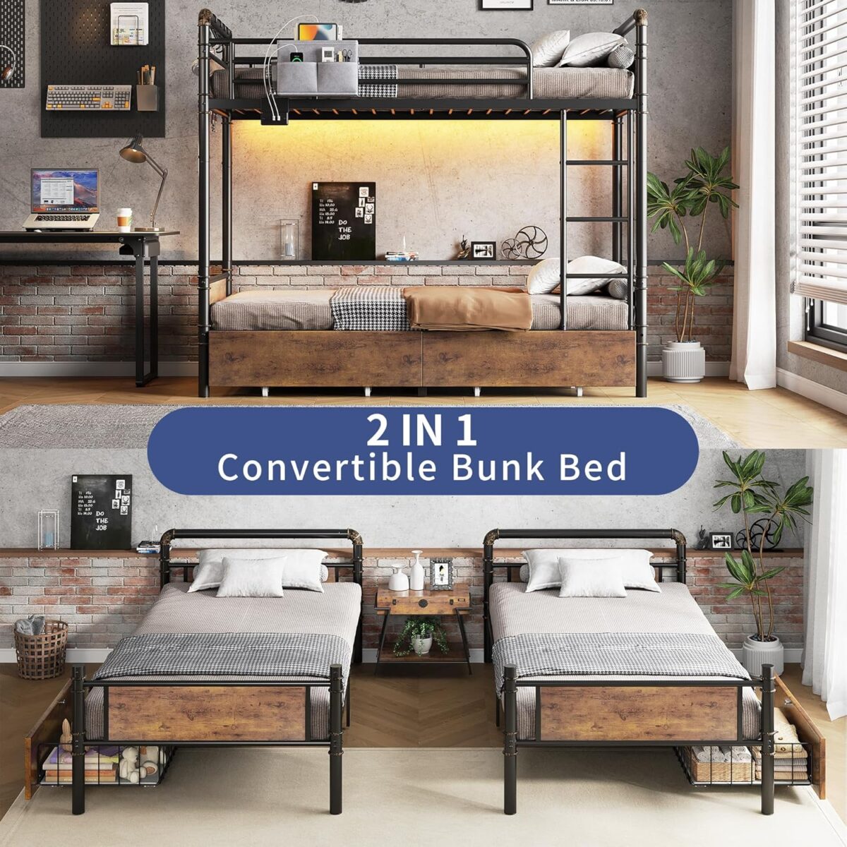 Metal LED Bunk Bed Twin Over Twin with 2 Storage Drawers, USB Charging Station, Industrial Bunkbeds Heavy Duty Bed with Safety Guardrail and Ladder, No Box Spring Needed, Vintage Brown - Image 5