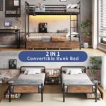 Metal LED Bunk Bed Twin Over Twin with 2 Storage Drawers, USB Charging Station, Industrial Bunkbeds Heavy Duty Bed with Safety Guardrail and Ladder, No Box Spring Needed, Vintage Brown - Image 5