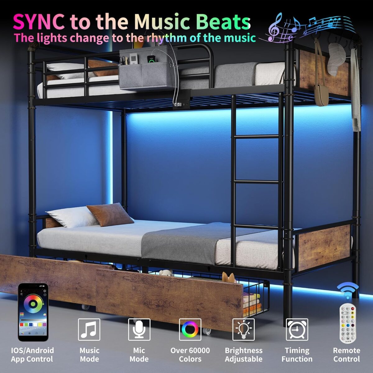 Metal LED Bunk Bed Twin Over Twin with 2 Storage Drawers, USB Charging Station, Industrial Bunkbeds Heavy Duty Bed with Safety Guardrail and Ladder, No Box Spring Needed, Vintage Brown - Image 6