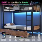 Metal LED Bunk Bed Twin Over Twin with 2 Storage Drawers, USB Charging Station, Industrial Bunkbeds Heavy Duty Bed with Safety Guardrail and Ladder, No Box Spring Needed, Vintage Brown - Image 6