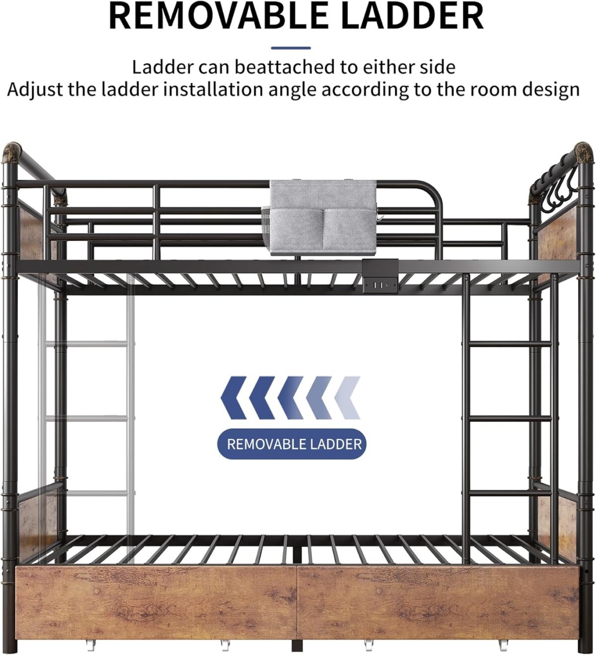 Metal LED Bunk Bed Twin Over Twin with 2 Storage Drawers, USB Charging Station, Industrial Bunkbeds Heavy Duty Bed with Safety Guardrail and Ladder, No Box Spring Needed, Vintage Brown - Image 9