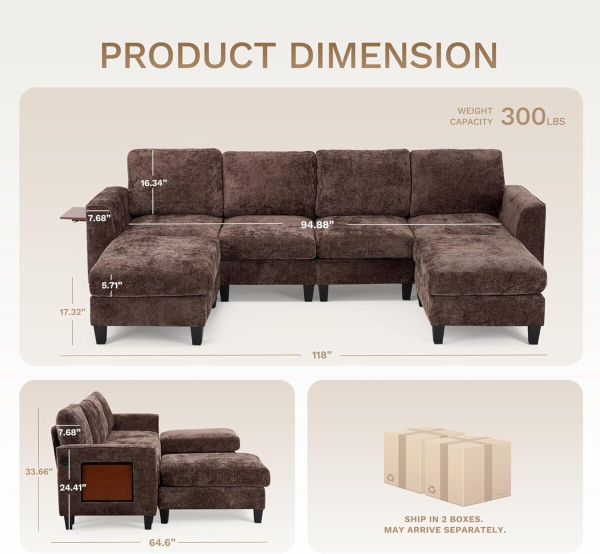 COLAMY 118" U-Shaped Sectional Couch, 4-Seat Modular Sofa with 2 Ottomans and Foldable Side Table, Brown for Living Room - Image 3