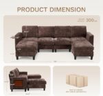 COLAMY 118" U-Shaped Sectional Couch, 4-Seat Modular Sofa with 2 Ottomans and Foldable Side Table, Brown for Living Room - Image 3