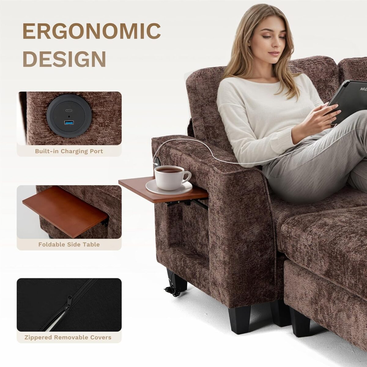 COLAMY 118" U-Shaped Sectional Couch, 4-Seat Modular Sofa with 2 Ottomans and Foldable Side Table, Brown for Living Room - Image 4