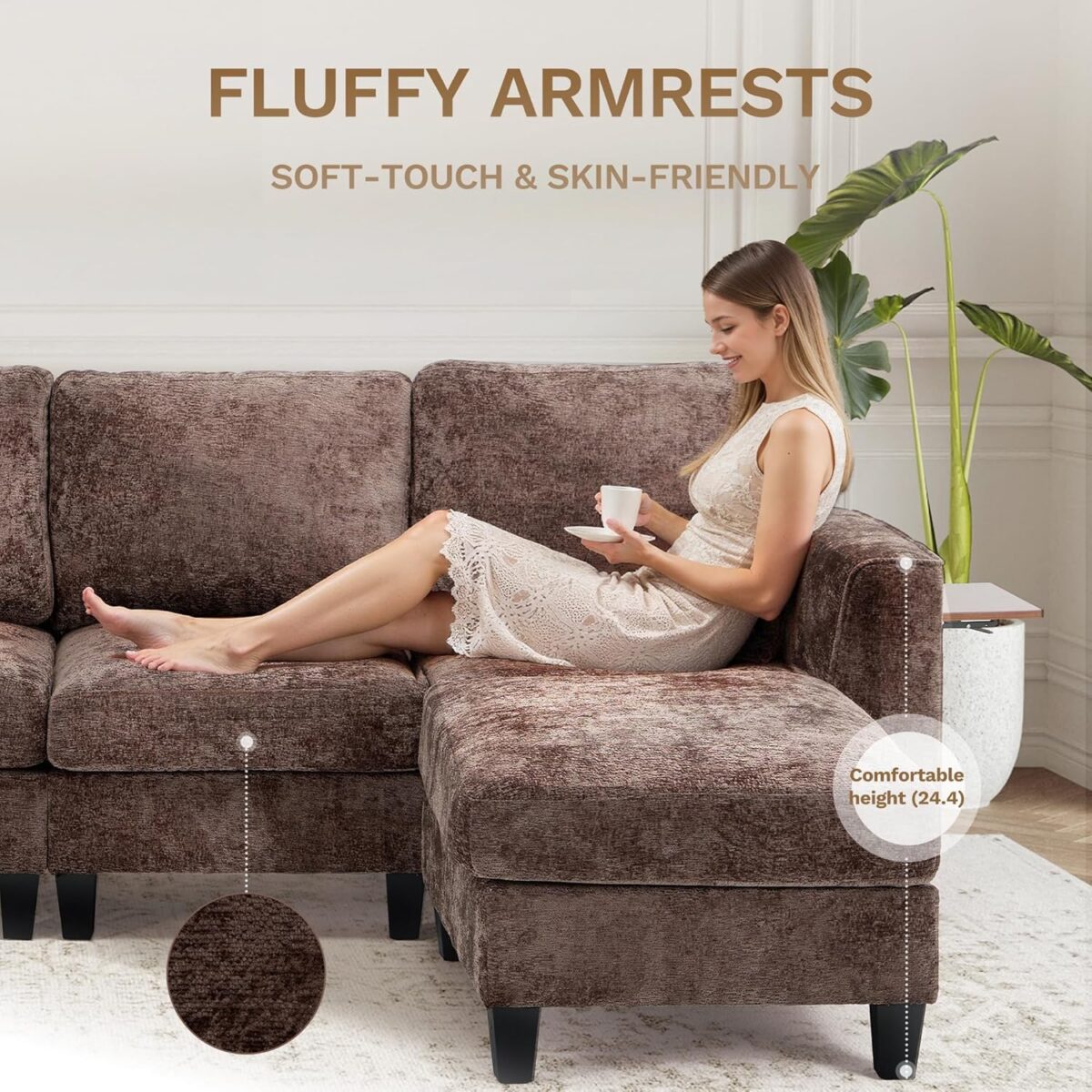 COLAMY 118" U-Shaped Sectional Couch, 4-Seat Modular Sofa with 2 Ottomans and Foldable Side Table, Brown for Living Room - Image 6