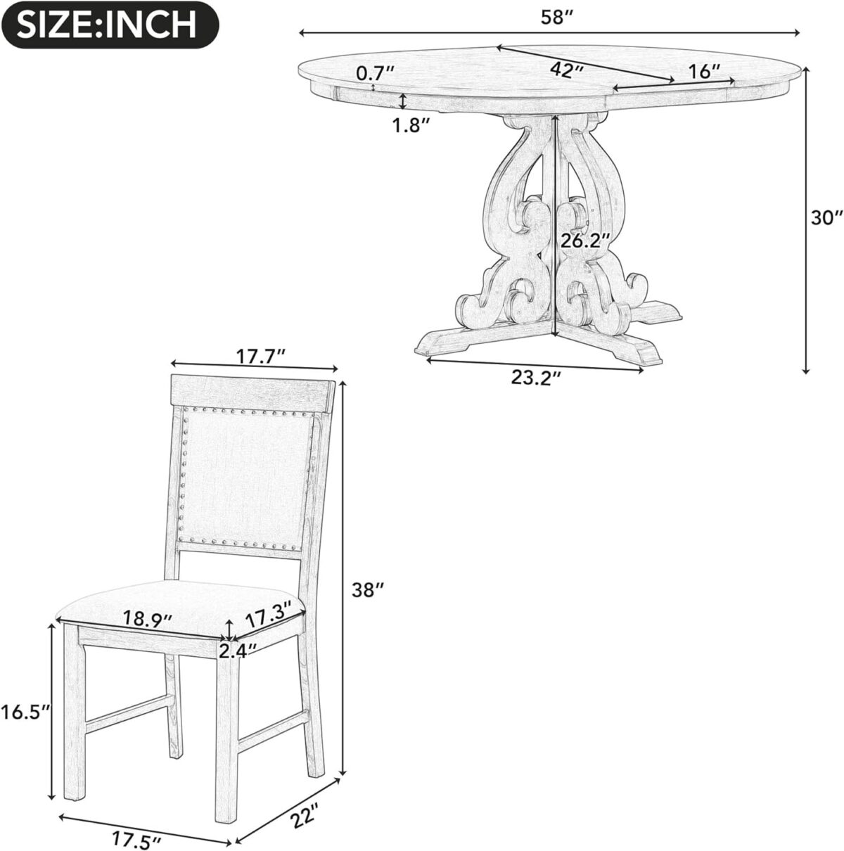 Merax Round Dining Table Set for 4, Extendable Kitchen Table Set with 4 Upholstered Chairs, Farmhouse Table and Chairs Set for Kitchen, Dining Room, Small Space, Antique White - Image 3