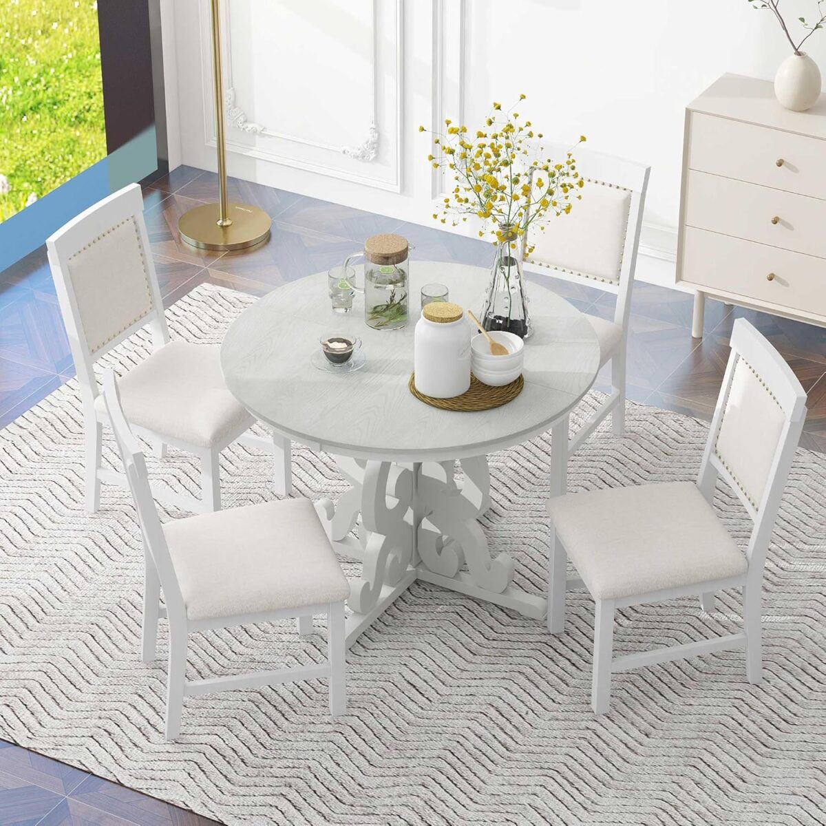 Merax Round Dining Table Set for 4, Extendable Kitchen Table Set with 4 Upholstered Chairs, Farmhouse Table and Chairs Set for Kitchen, Dining Room, Small Space, Antique White - Image 4