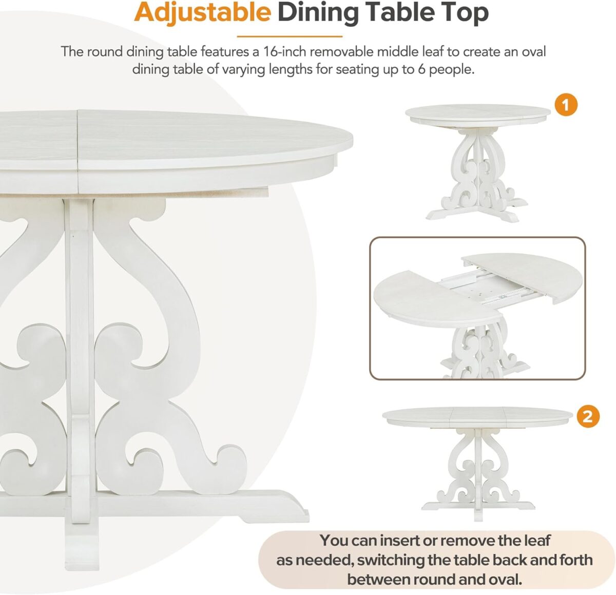 Merax Round Dining Table Set for 4, Extendable Kitchen Table Set with 4 Upholstered Chairs, Farmhouse Table and Chairs Set for Kitchen, Dining Room, Small Space, Antique White - Image 5