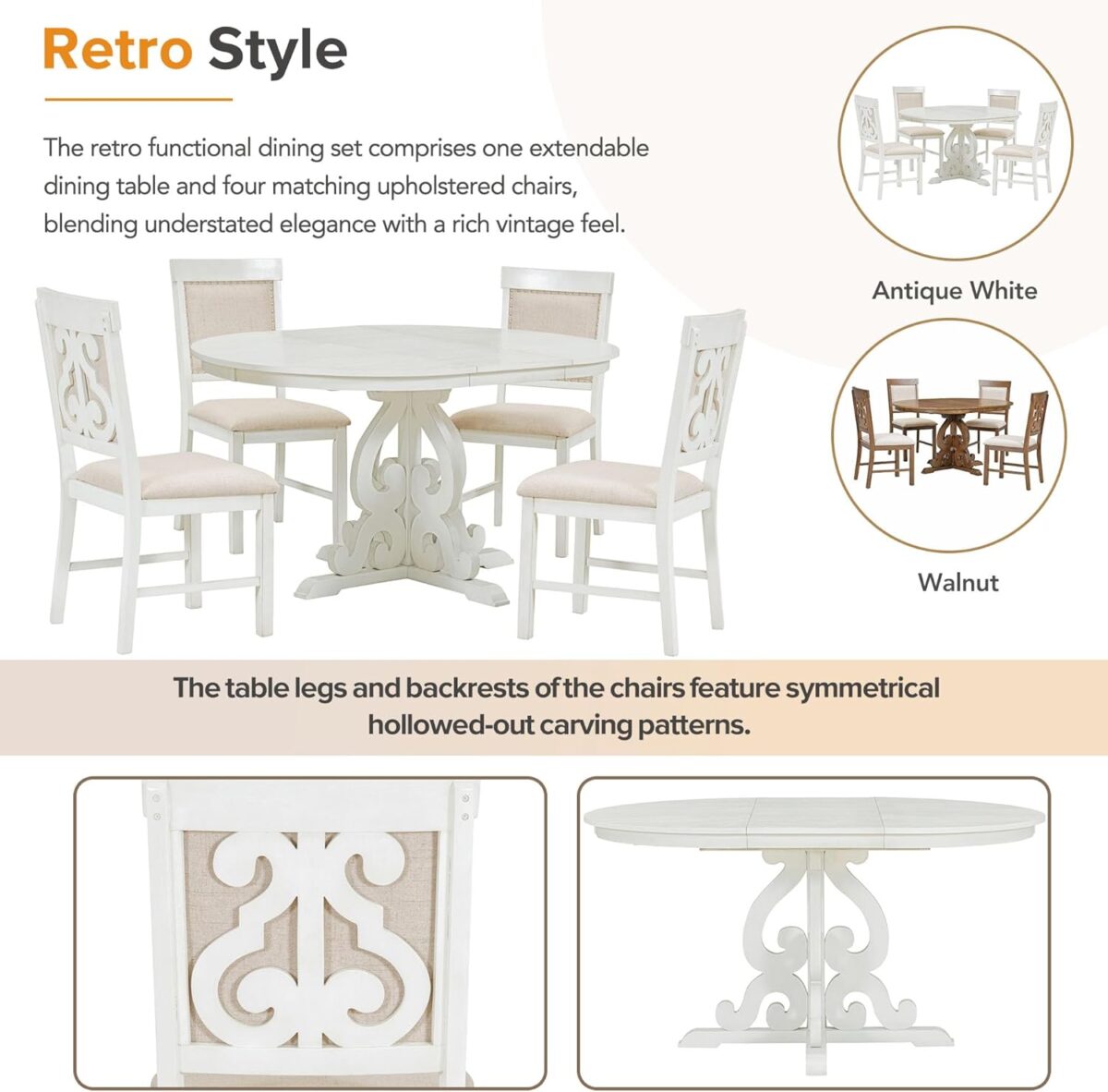 Merax Round Dining Table Set for 4, Extendable Kitchen Table Set with 4 Upholstered Chairs, Farmhouse Table and Chairs Set for Kitchen, Dining Room, Small Space, Antique White - Image 7