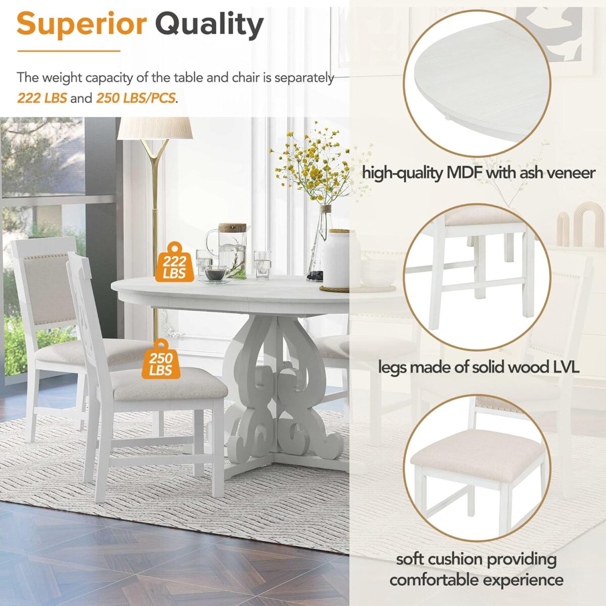 Merax Round Dining Table Set for 4, Extendable Kitchen Table Set with 4 Upholstered Chairs, Farmhouse Table and Chairs Set for Kitchen, Dining Room, Small Space, Antique White - Image 8