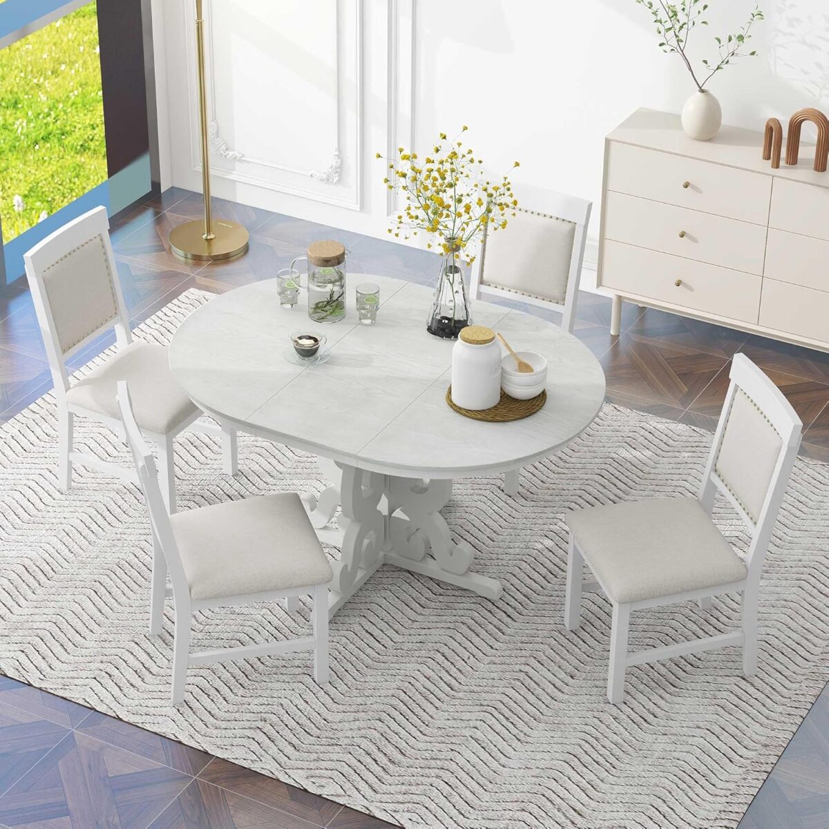 Merax Round Dining Table Set for 4, Extendable Kitchen Table Set with 4 Upholstered Chairs, Farmhouse Table and Chairs Set for Kitchen, Dining Room, Small Space, Antique White - Image 9
