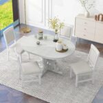 Merax Round Dining Table Set for 4, Extendable Kitchen Table Set with 4 Upholstered Chairs, Farmhouse Table and Chairs Set for Kitchen, Dining Room, Small Space, Antique White - Image 9