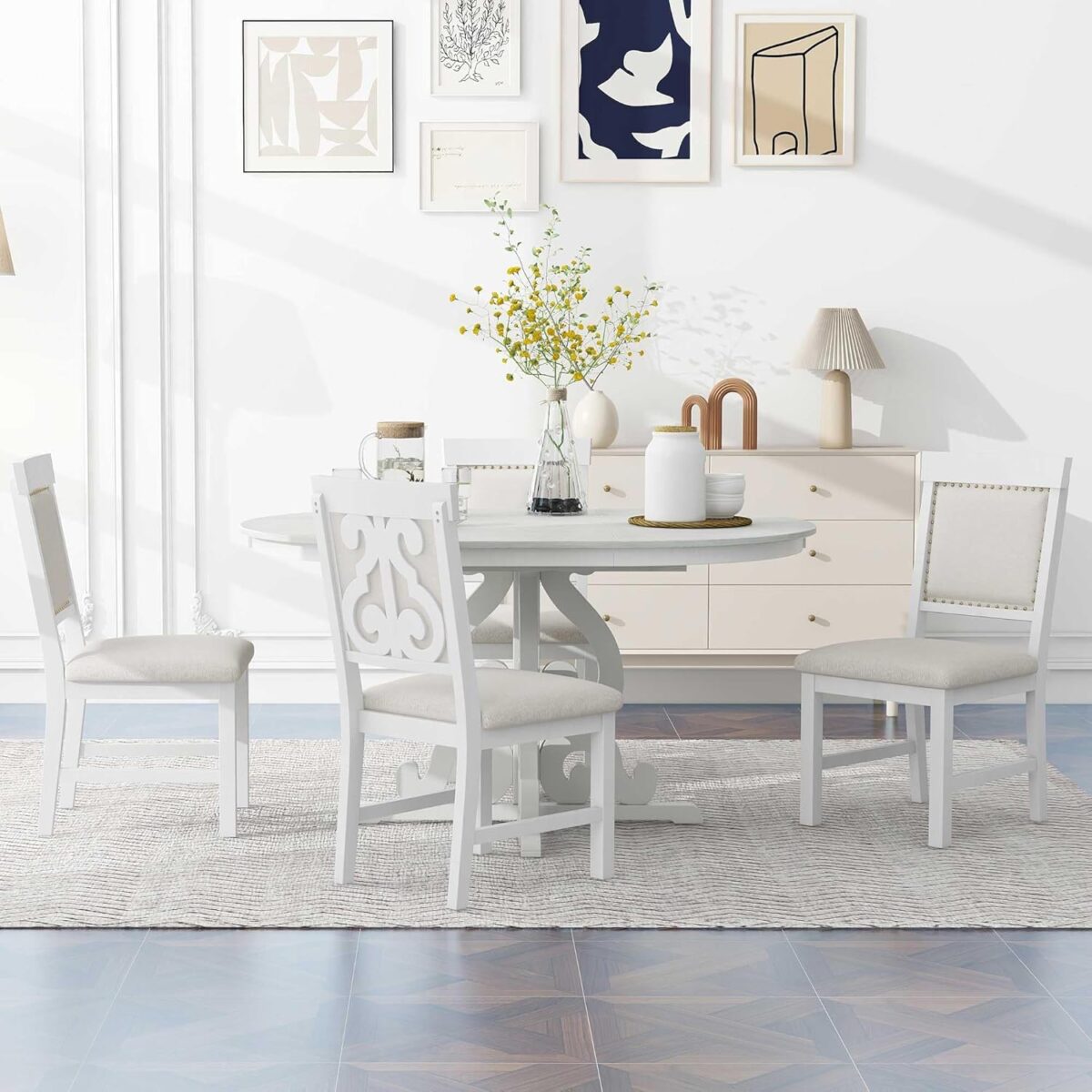 Merax Round Dining Table Set for 4, Extendable Kitchen Table Set with 4 Upholstered Chairs, Farmhouse Table and Chairs Set for Kitchen, Dining Room, Small Space, Antique White - Image 10
