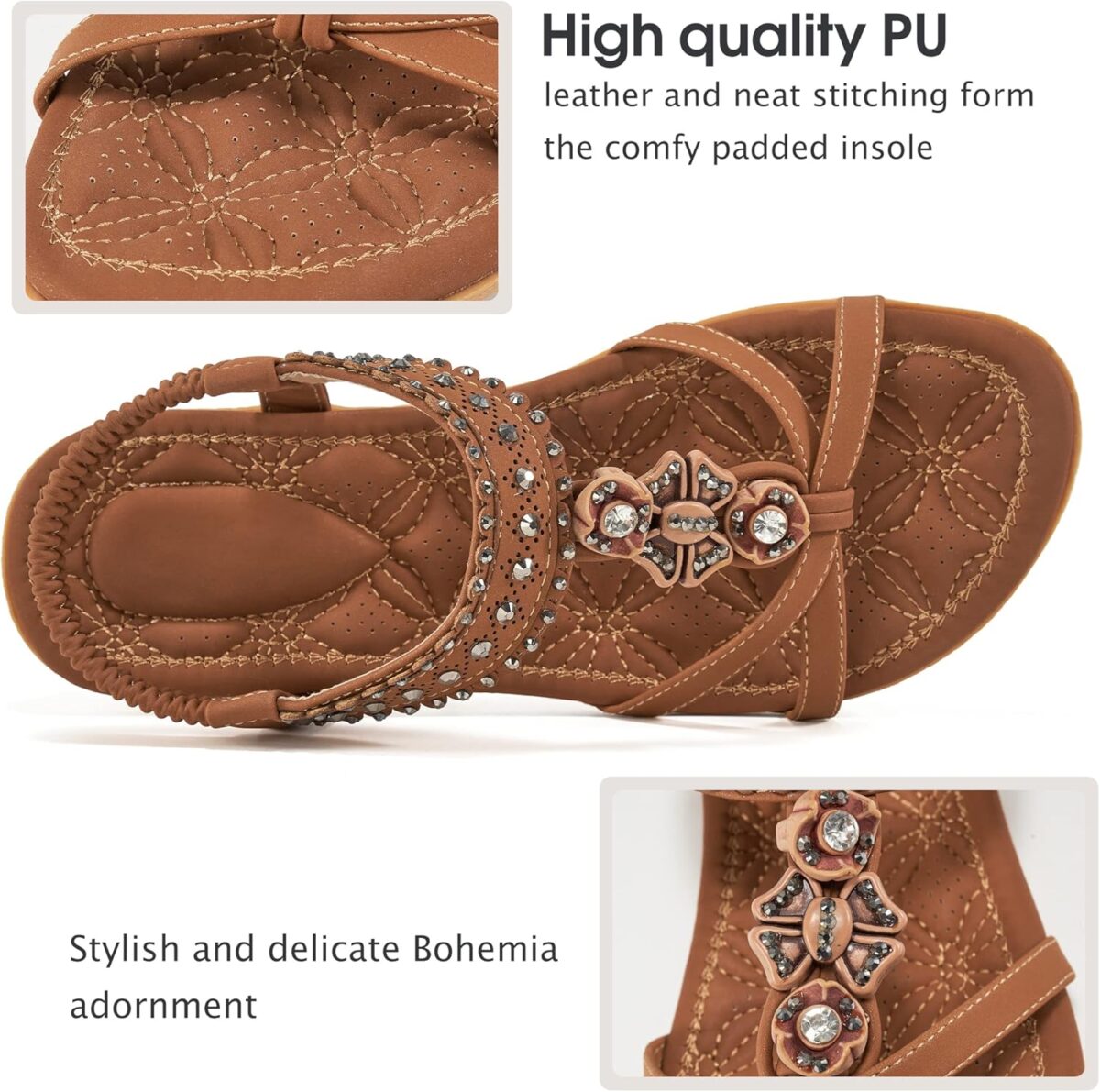 Alicegana Womens Sandals Shoes Comfort Walking with Non Slip on Casual Summer Beach Shoes Dress Ankle Elastic Jeweled Bohemian Flats - Image 3