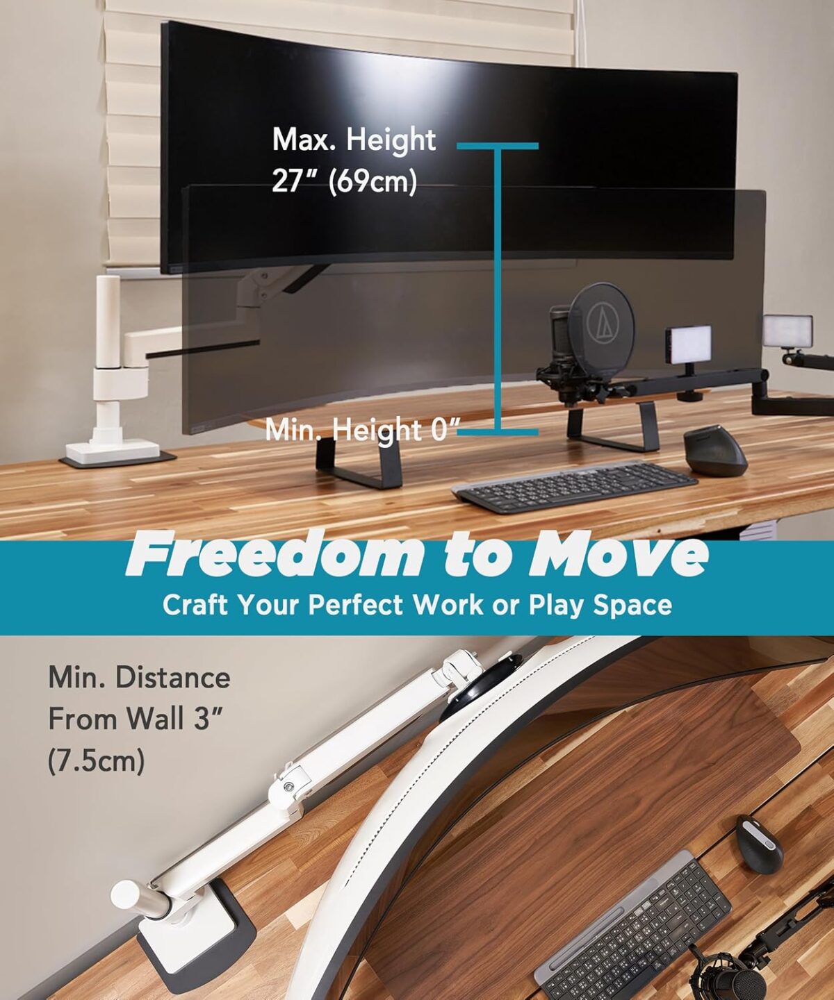 Heavy Duty Monitor Arm for Ultrawide Monitors up to 57" and 44 lbs, Single Desk Stand, Pneumatic Height Adjustable, Modular Extension Arms - Max VESA 100x100, White, MA20PW-S - Image 4