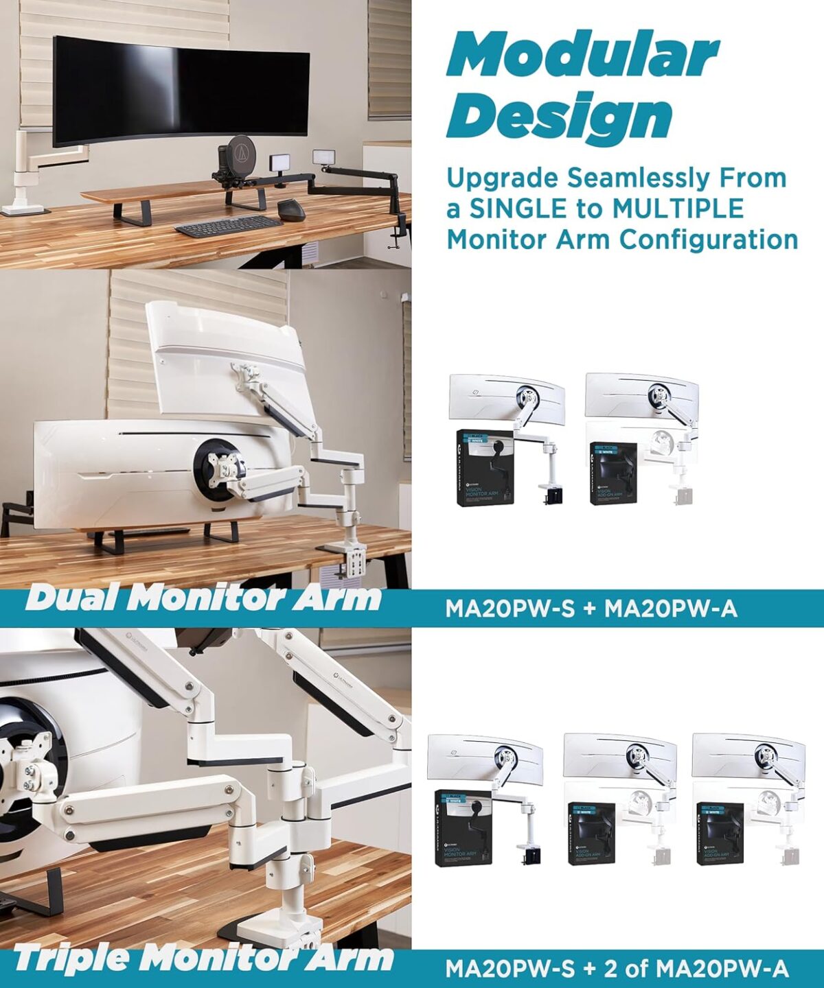 Heavy Duty Monitor Arm for Ultrawide Monitors up to 57" and 44 lbs, Single Desk Stand, Pneumatic Height Adjustable, Modular Extension Arms - Max VESA 100x100, White, MA20PW-S - Image 7