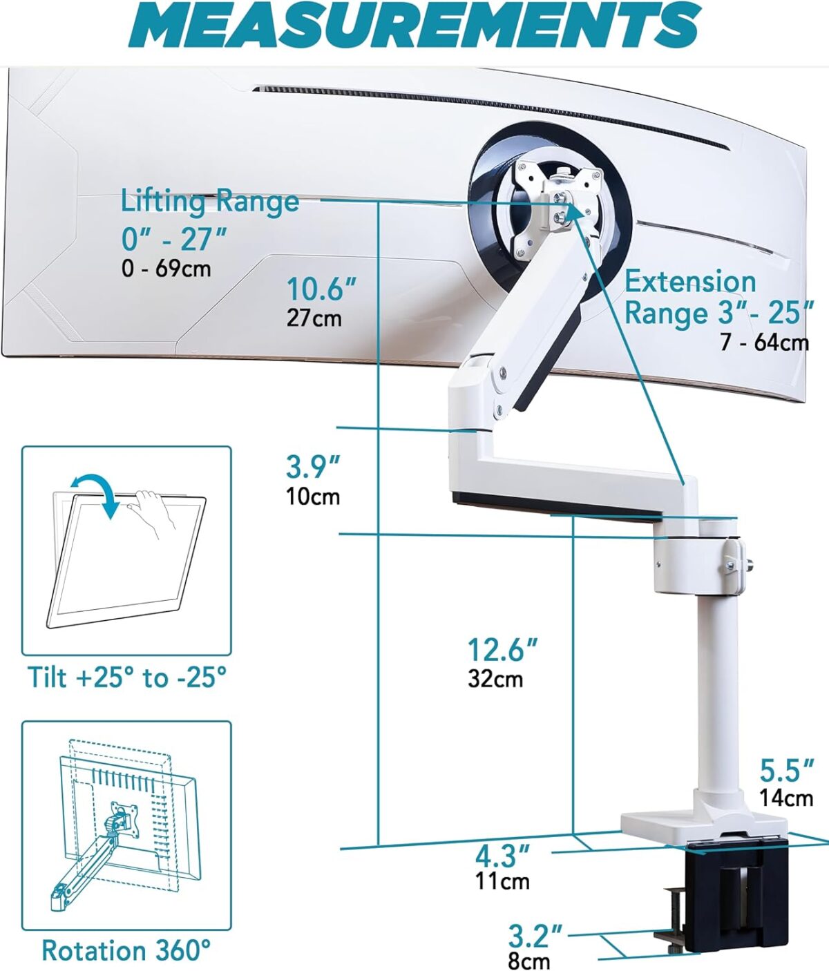 Heavy Duty Monitor Arm for Ultrawide Monitors up to 57" and 44 lbs, Single Desk Stand, Pneumatic Height Adjustable, Modular Extension Arms - Max VESA 100x100, White, MA20PW-S - Image 8