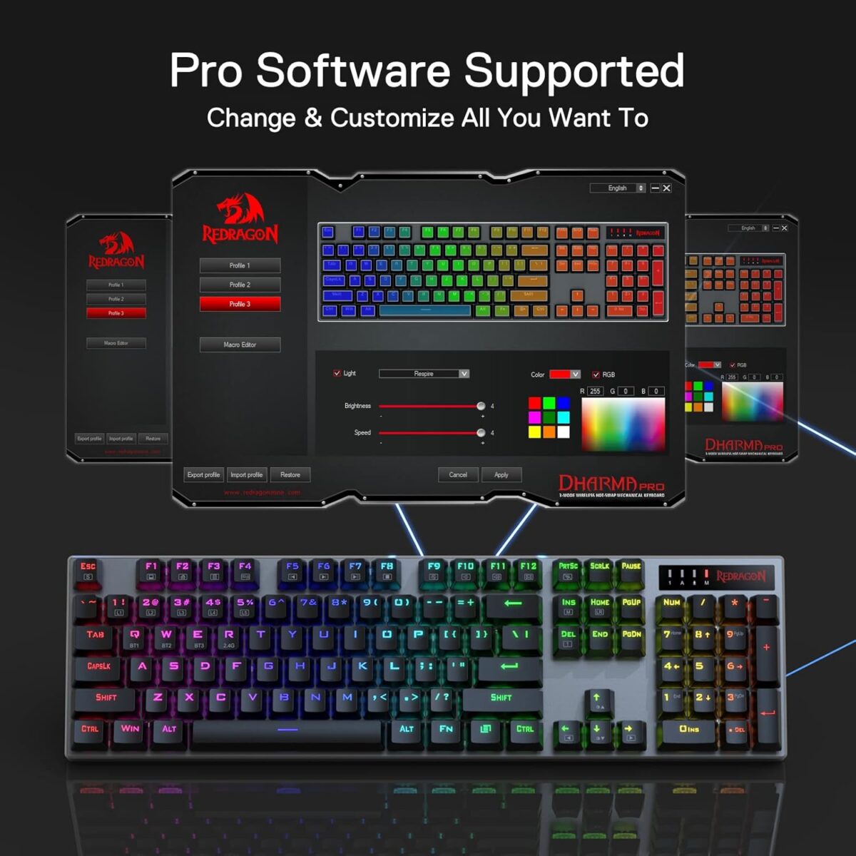 Redragon K556 PRO Upgraded Wireless RGB Gaming Keyboard, BT/2.4Ghz Tri-Mode Aluminum Mechanical Keyboard w/No-Lag Connection, Hot-Swap Linear Quiet Red Switch - Image 8