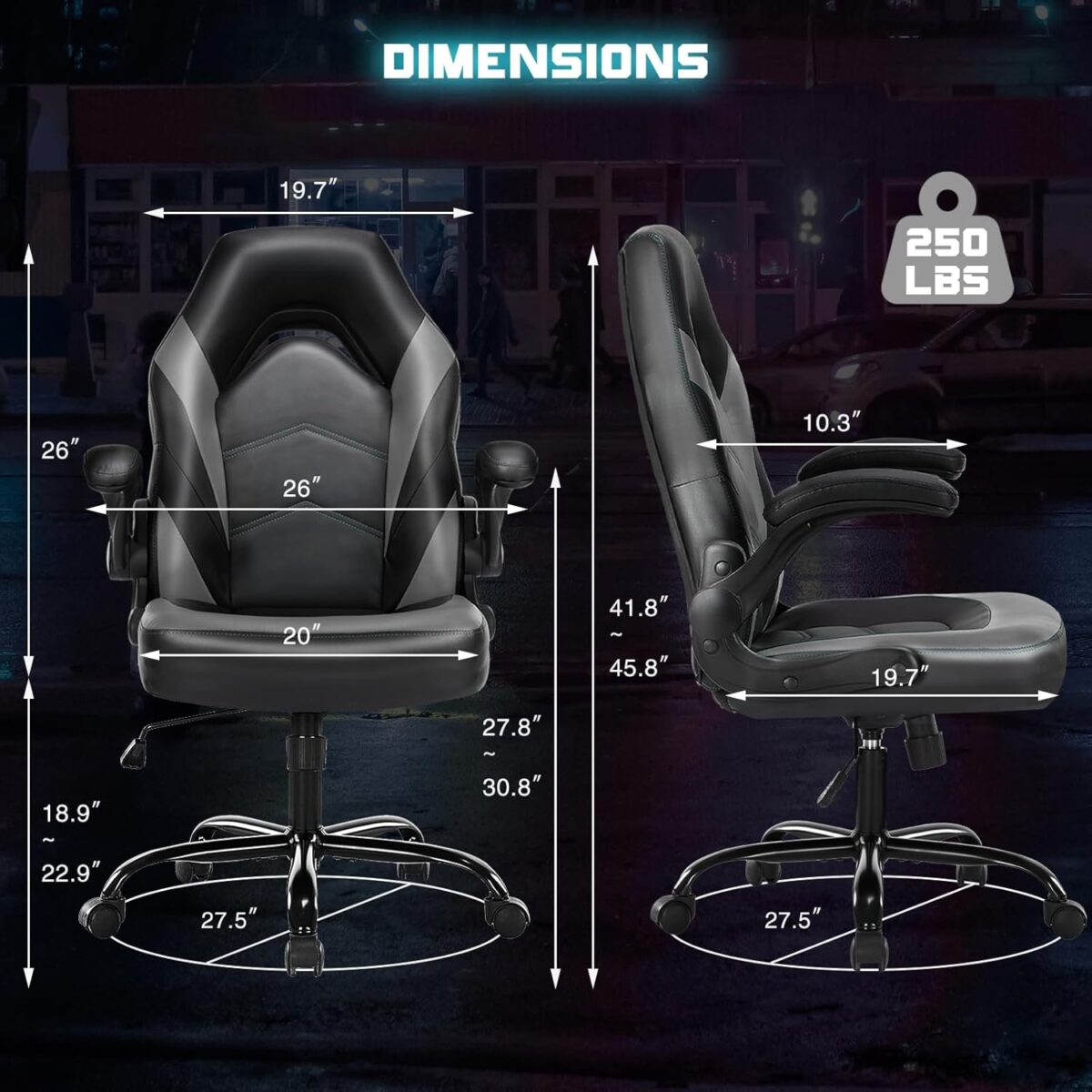 DUMOS Gaming Ergonomic Office Chair for Adults, Height Adjustable Computer Desk Chair with Flip-up Armrests, PU Leather Swivel Video Game Chair with 360° Rolling Wheels, Grey - Image 4