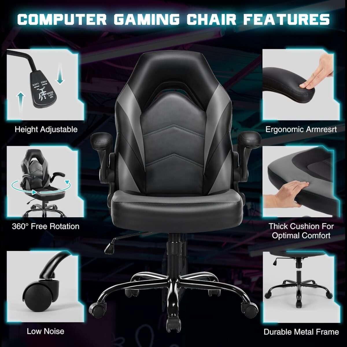 DUMOS Gaming Ergonomic Office Chair for Adults, Height Adjustable Computer Desk Chair with Flip-up Armrests, PU Leather Swivel Video Game Chair with 360° Rolling Wheels, Grey - Image 6