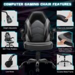DUMOS Gaming Ergonomic Office Chair for Adults, Height Adjustable Computer Desk Chair with Flip-up Armrests, PU Leather Swivel Video Game Chair with 360° Rolling Wheels, Grey - Image 6