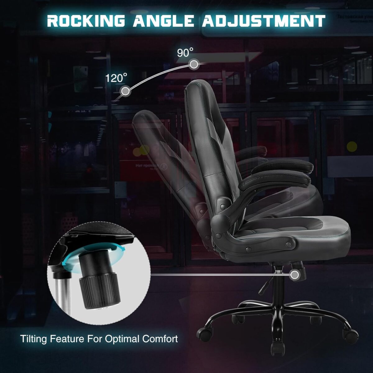 DUMOS Gaming Ergonomic Office Chair for Adults, Height Adjustable Computer Desk Chair with Flip-up Armrests, PU Leather Swivel Video Game Chair with 360° Rolling Wheels, Grey - Image 7