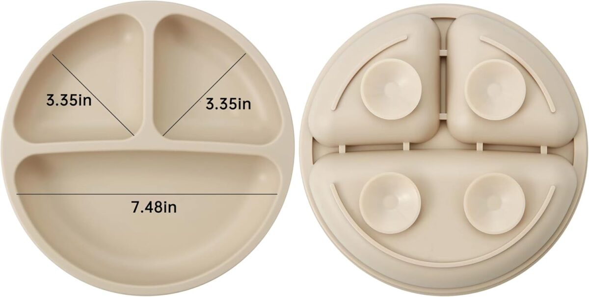 PandaEar Silicone Baby Feeding Set| 2 Pack Silicone Divided Suction Plate and 2 Pack Tiny Cup with 2 Spoons 2 Forks| Baby Led Weaning Supplies Self Feeding Eating Utensils (Light Tan/Walnut) - Image 4
