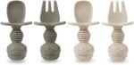 PandaEar Silicone Baby Feeding Set| 2 Pack Silicone Divided Suction Plate and 2 Pack Tiny Cup with 2 Spoons 2 Forks| Baby Led Weaning Supplies Self Feeding Eating Utensils (Light Tan/Walnut) - Image 8