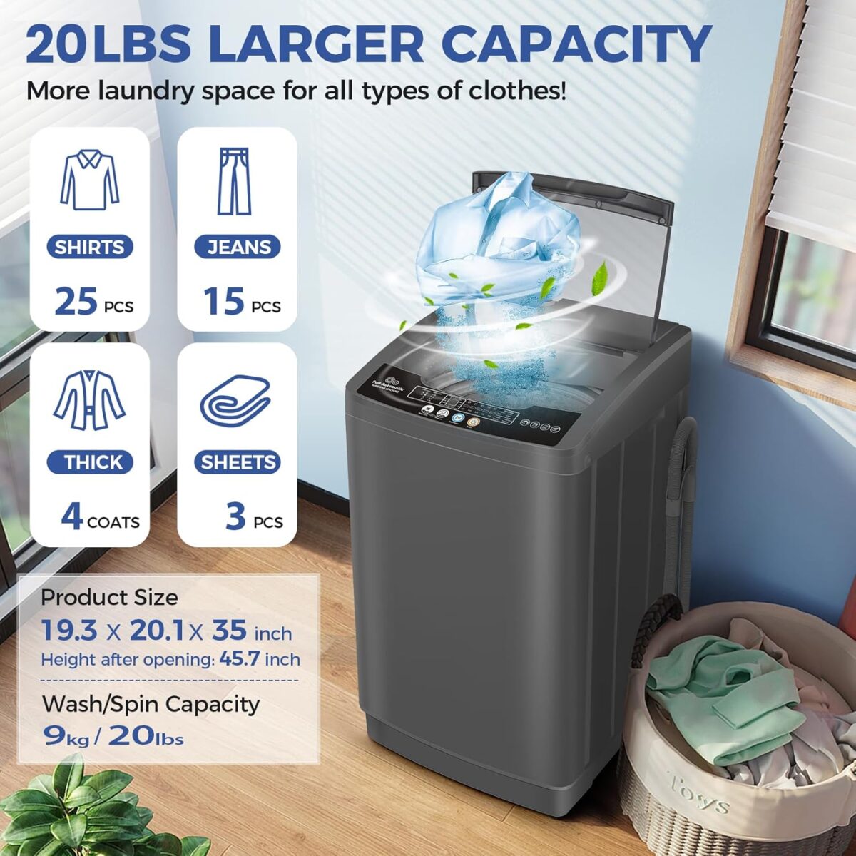 Nictemaw Portable Washing Machine, 20Lbs Capacity Full-Automatic Portable Washer Machine, 2.8Cu.ft Compact Laundry Machine with Drain Pump, 10 Programs & 8 Water Levels for Apartment Dorm RV - Image 3