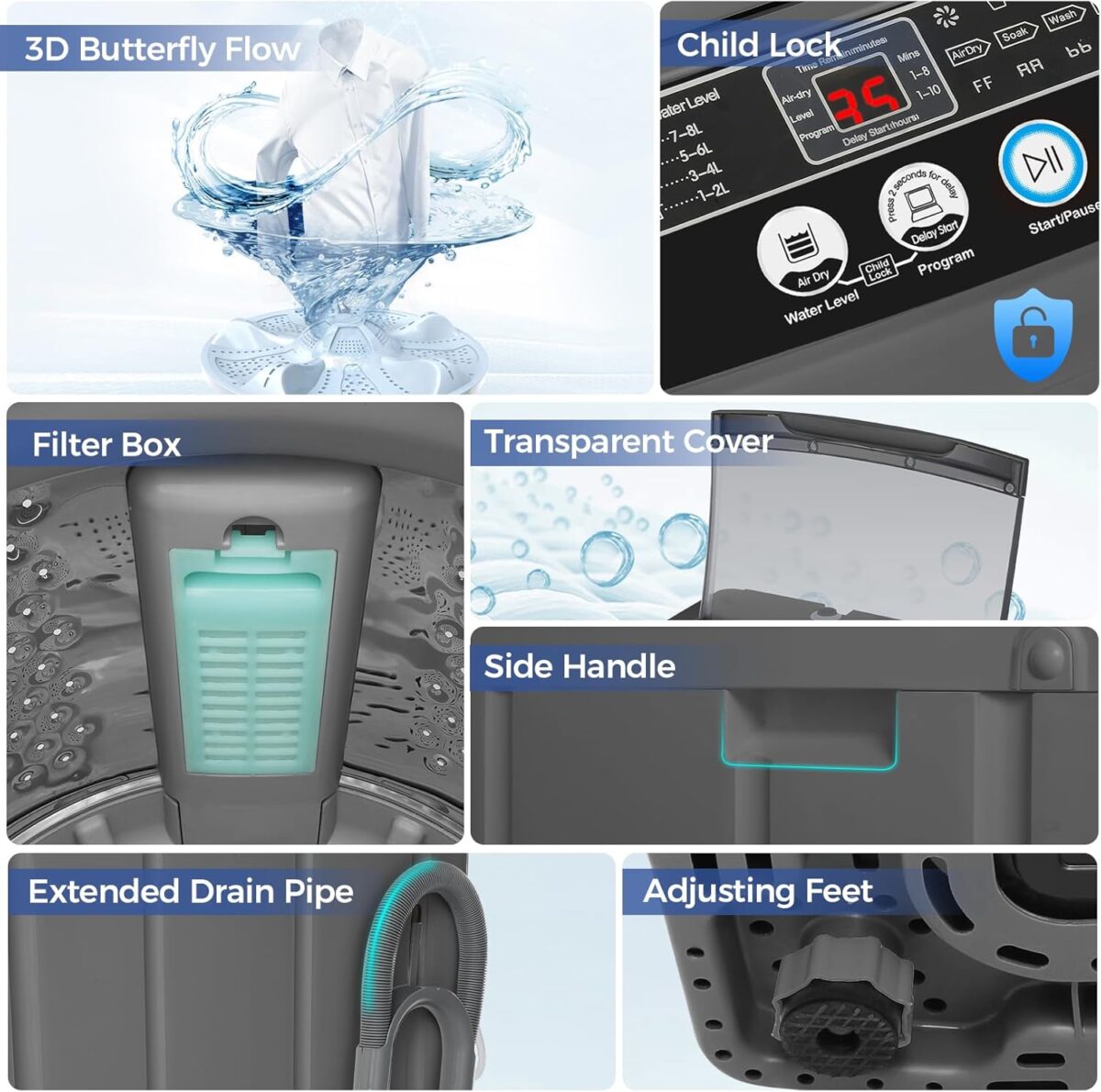 Nictemaw Portable Washing Machine, 20Lbs Capacity Full-Automatic Portable Washer Machine, 2.8Cu.ft Compact Laundry Machine with Drain Pump, 10 Programs & 8 Water Levels for Apartment Dorm RV - Image 6