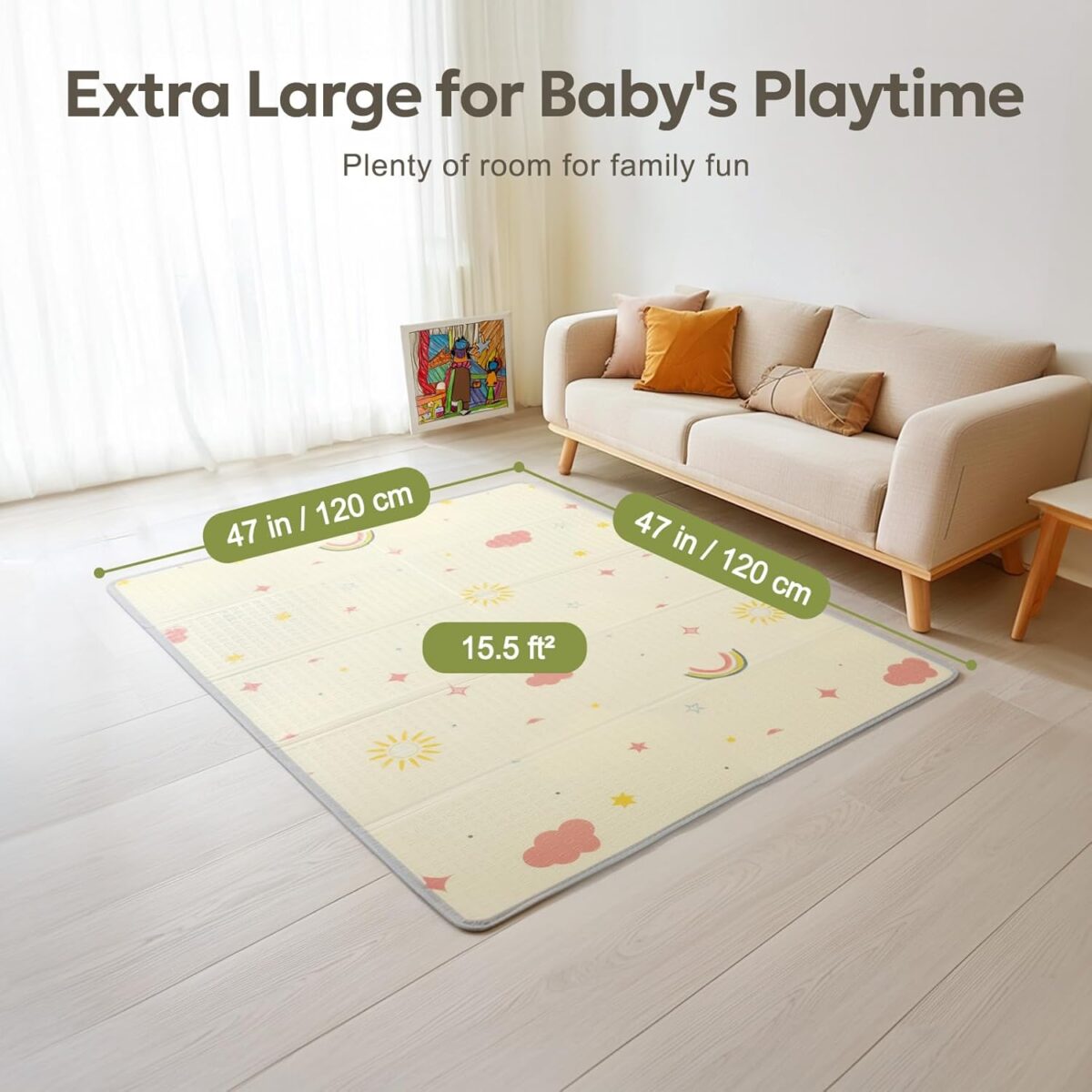 Extra Large Foldable Play Mat, Reversible Baby Play Mat with Edge Reinforcement, Non-Toxic & Waterproof Baby Mat for Floor, Foam Playmat for Infants Toddlers, Rainbow, Cloud & Moon, 50''x50'' - Image 6
