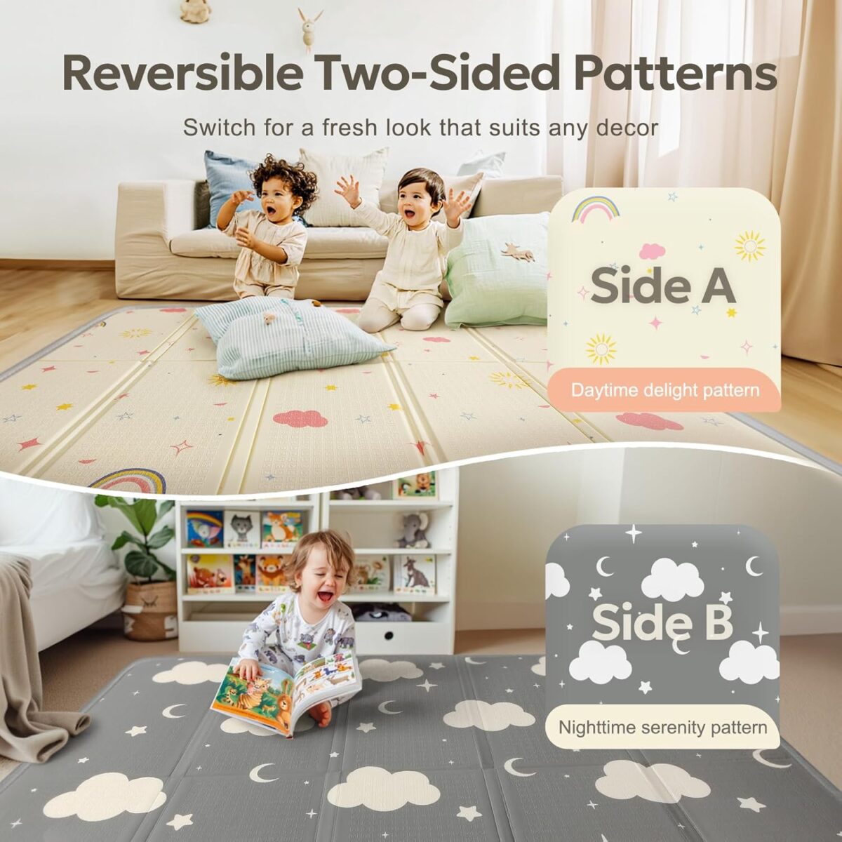 Extra Large Foldable Play Mat, Reversible Baby Play Mat with Edge Reinforcement, Non-Toxic & Waterproof Baby Mat for Floor, Foam Playmat for Infants Toddlers, Rainbow, Cloud & Moon, 50''x50'' - Image 8