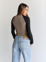 Trendy Queen Women's Long Sleeve Shirts Slim Fit Stretchy Color Block Slightly Cropped Tops - Image 5
