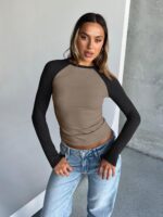 Trendy Queen Women's Long Sleeve Shirts Slim Fit Stretchy Color Block Slightly Cropped Tops - Image 6