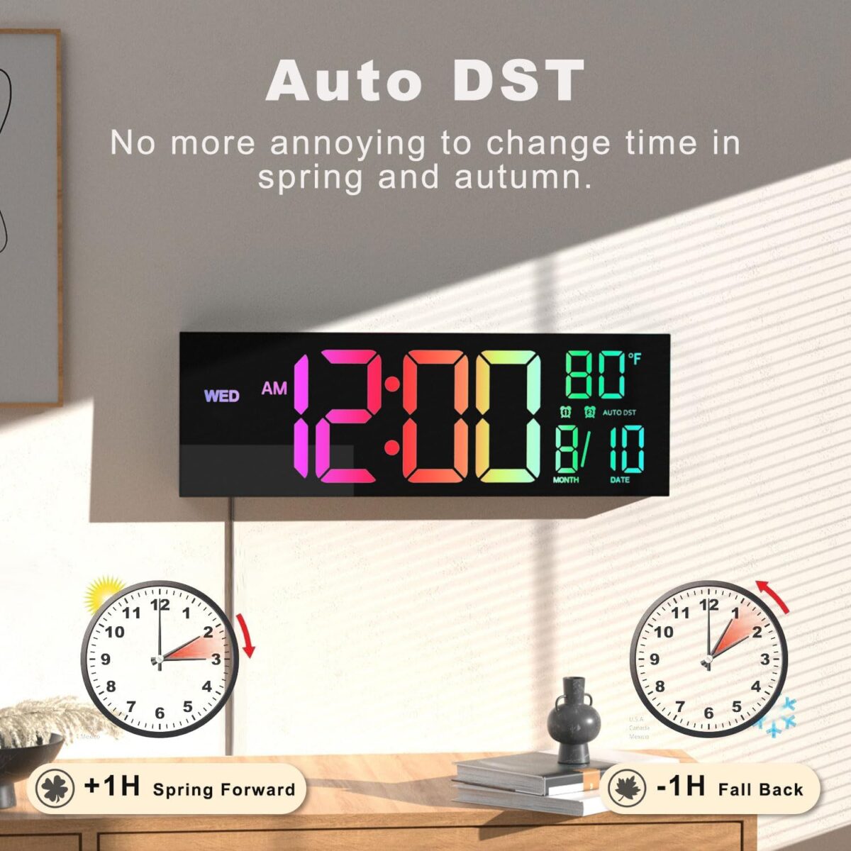 JALL 16" Large Digital Wall Mount Clock, Count Down Timer, Alarm, Big LED, 8 RGB Color, DST, Temperature for Living Room Classroom Desk, Xmas, Birthday Gift for Senior Mom Dad (Black, 16 inches) - Image 6