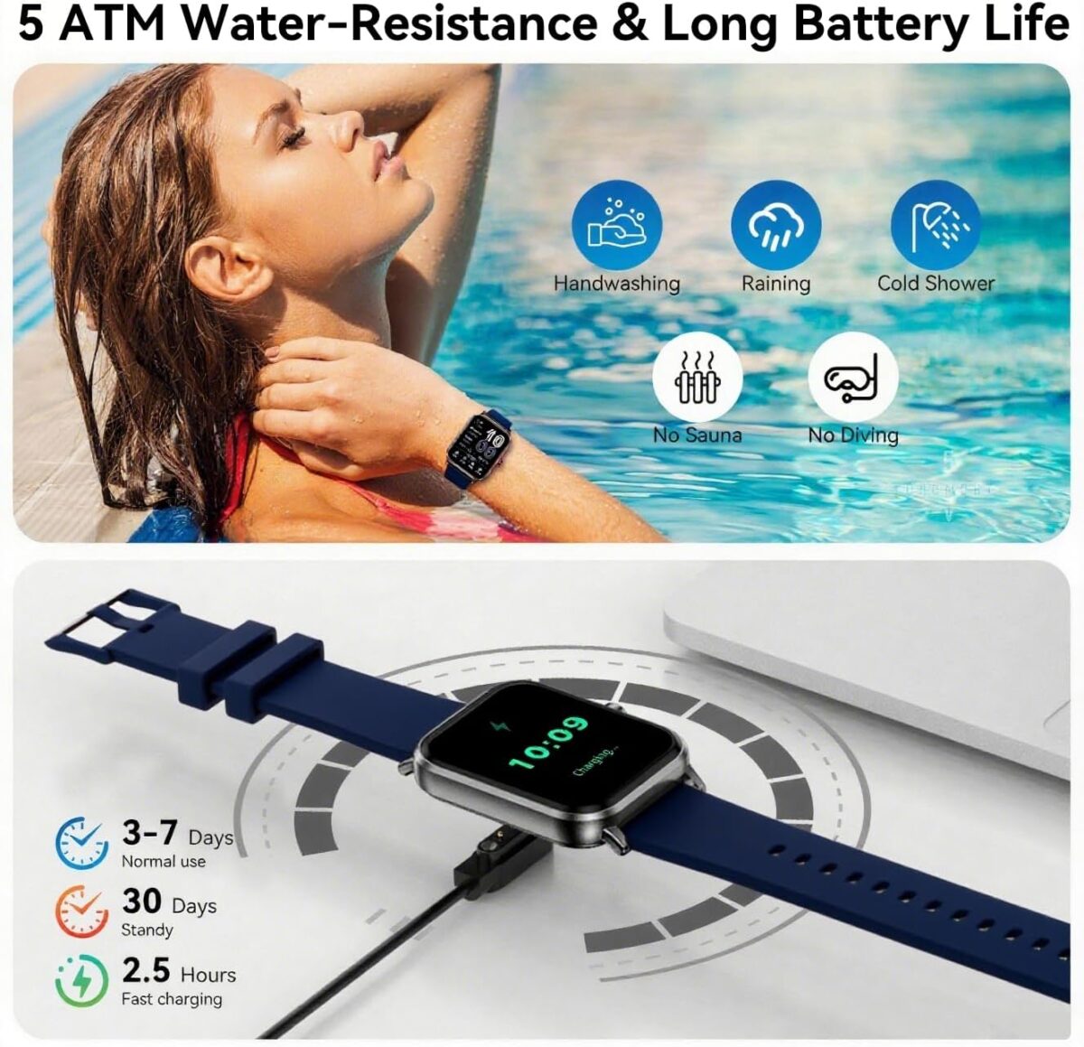 Smart Watch for Men Women, 1.83" HD Touchsreen, Bluetooth Calling, 5 ATM Water-Resistance, 130+ Sports Modes, Health, Fitness & Sleep Tracker, Timer, Fitness Watch for Android/iOS, Blue - Image 8