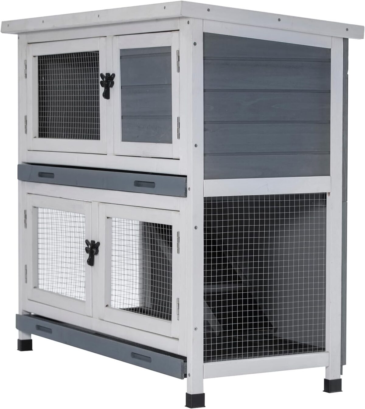 2 Story Solid Wood Rabbit/Bunny Hutch with 2 Large Main Rooms, Indoor Outdoor Rabbit House Guinea Pig Cage Pet House for Small Animals with Ventilation Door Removable Tray Waterproof Roof (Grey) - Image 2