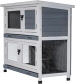 2 Story Solid Wood Rabbit/Bunny Hutch with 2 Large Main Rooms, Indoor Outdoor Rabbit House Guinea Pig Cage Pet House for Small Animals with Ventilation Door Removable Tray Waterproof Roof (Grey) - Image 2