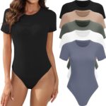 5 Pack Body Suits for Womens Short Sleeve Round Neck Casual Stretchy Basic T Shirt Bodysuit Tops - Image 2