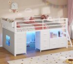 ADORNEVE Low Loft Bed Twin Size with 7 Storage Drawers, Bookcase and LED Lights, Metal Kids Loft Bed with 14" H Safety Guardrail,Inclined Ladder and Play Curtain, Under-Bed Play Space, White - Image 2