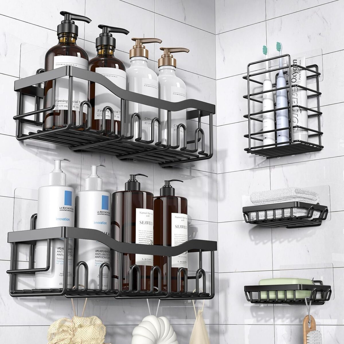 Adhesive Shower Caddy, 5 Pack Rustproof Stainless Steel Bath Organizers With Large Capacity, No Drilling Shelves for Bathroom Storage & Home Decor-XL Size - Image 2