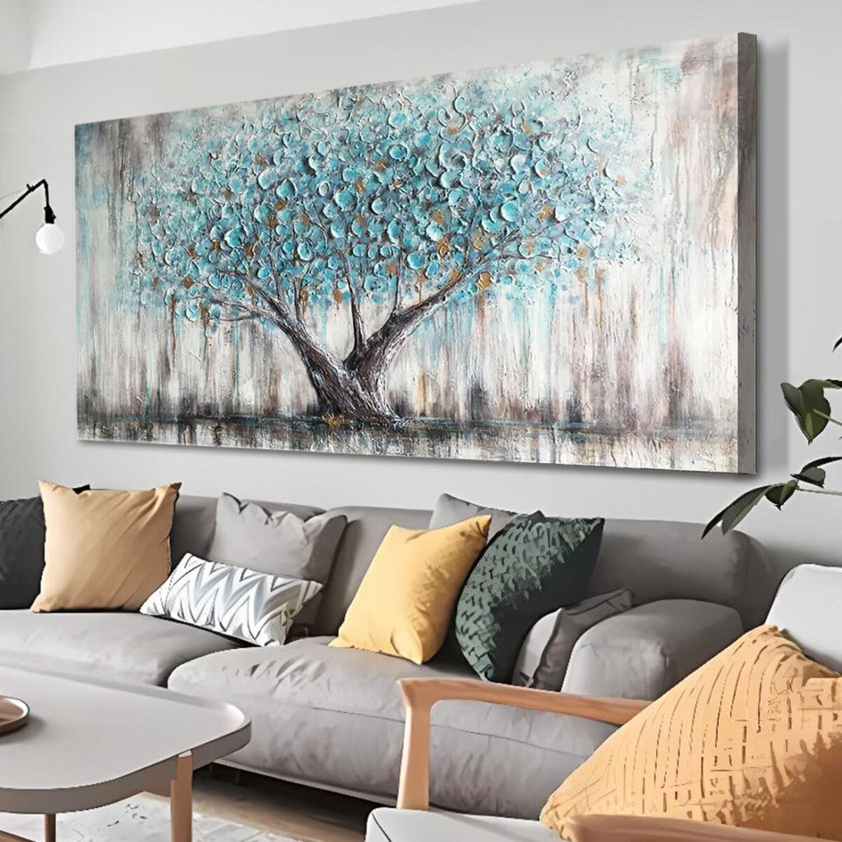 Arjun Tree Wall Art Canvas for Living Room Blue Tree of Life Nature Teal Abstract Textured Painting Picture Modern Panoramic Landscape Artwork Framed Bedroom Home Office Decor, Large Size 40"x20" - Image 2