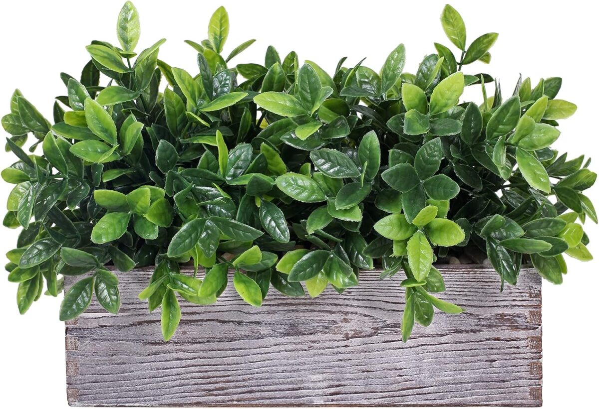 Artificial Eucalyptus Plant in Rustic Rectangular Wooden Planter Box Faux Potted Herb Plant Greenery Arrangement for Farmhouse Indoor Wedding Table Centerpiece Mantel Shelf Kitchen Decor - Image 2