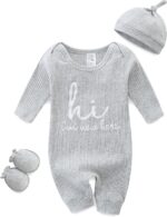 Baby Romper with Baby Mittens & Newborn Hats Footless Long Sleeve Solid Onesie Hi Im New Here - Image 2