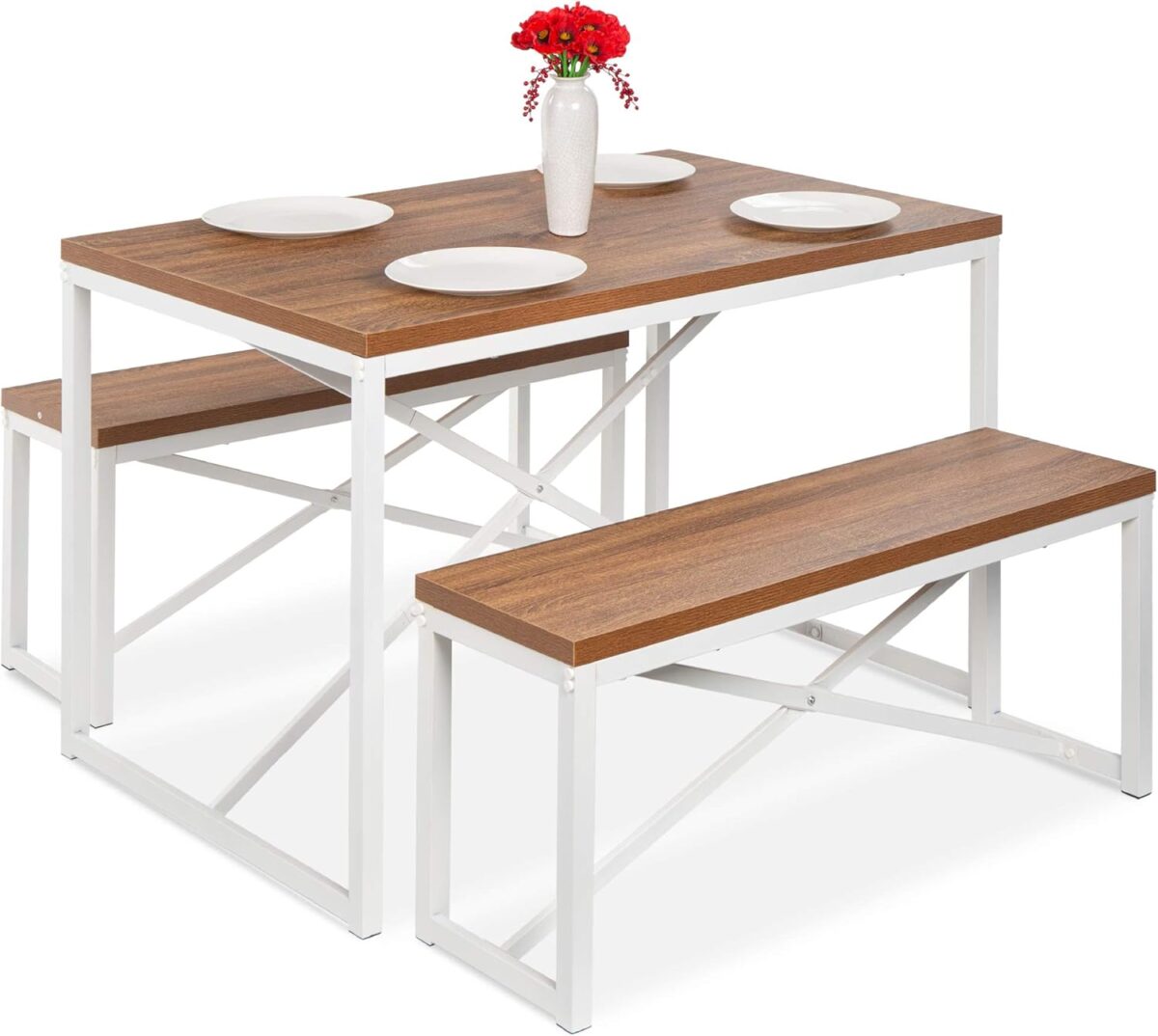 Best Choice Products 45.5in 3-Piece Bench Style Dining Furniture Set, 4-Person Space-Saving Dinette for Kitchen, Dining Room w/ 2 Benches, Table - Brown/White - Image 2