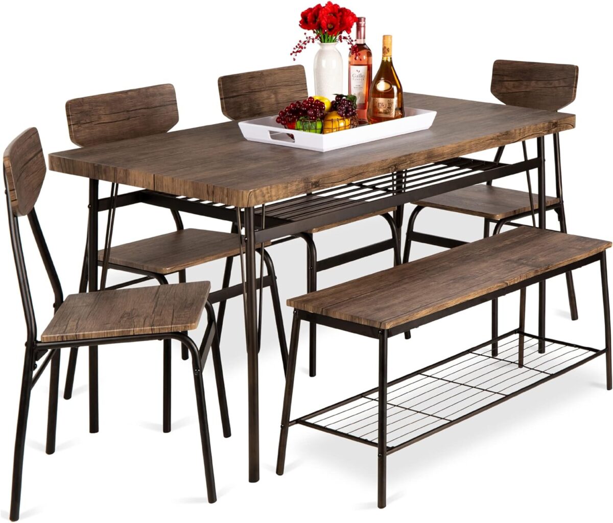 Best Choice Products 6-Piece 55in Modern Dining Set for Home, Kitchen, Dining Room w/Storage Racks, Rectangular Table, Bench, 4 Chairs, Steel Frame - Brown - Image 2