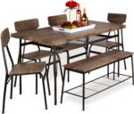 Best Choice Products 6-Piece 55in Modern Dining Set for Home, Kitchen, Dining Room w/Storage Racks, Rectangular Table, Bench, 4 Chairs, Steel Frame - Brown - Image 2