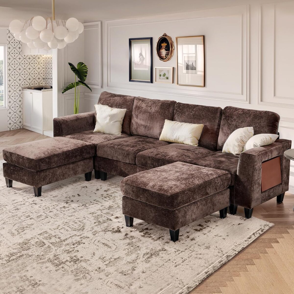 COLAMY 118" U-Shaped Sectional Couch, 4-Seat Modular Sofa with 2 Ottomans and Foldable Side Table, Brown for Living Room - Image 2